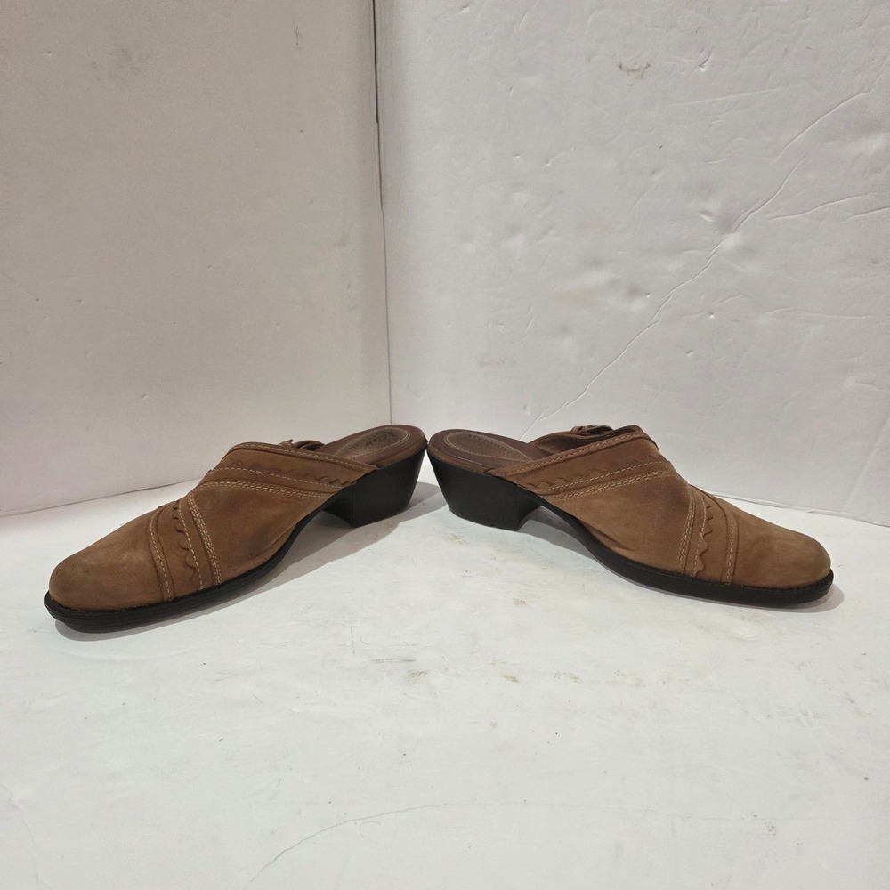 Y2K Clarks Tan Suede Buckle Block Heel Mules Clogs Western Cotcottage Granny - Picture 4 of 10